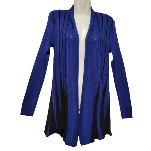 𝅺ROYAL Blue and Black Ribbed Waterfall Open Front Asymmetrical Cardigan  - NWOT - Picture 2 of 10
